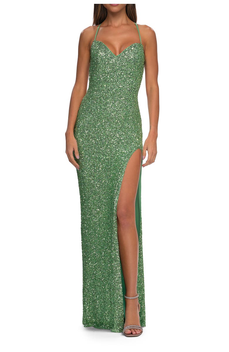 La Femme Stretch Sequin Dress with Open Back, Main, color, Sage