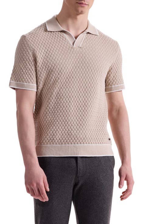 Johnny Collar Basket Stitch Cotton Blend Polo Sweater