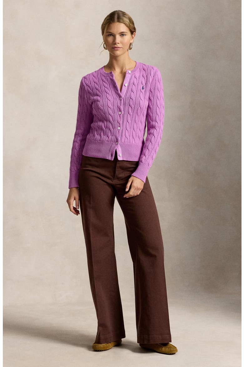 Cable Stitch Cotton Crewneck Cardigan, Alternate, color, THISTLE PINK
