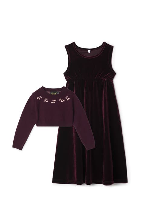 Cherry Slinky Velour Attached Knit Sweater Embroidered Neck Robe