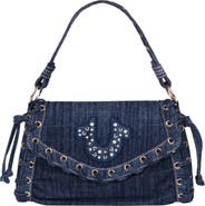 True Religion Studded Horseshoe Eyelet Denim Flap Bag
