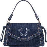 True Religion Studded Horseshoe Eyelet Denim Flap Bag
