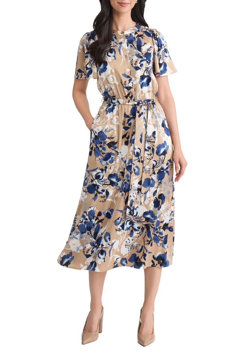 Print Flutter Sleeve Tie Waist Midi Dress, Main, color, LIGHT SAND MULTI