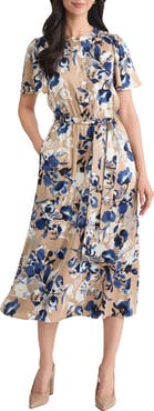 KASPER Print Flutter Sleeve Tie Waist Midi Dress