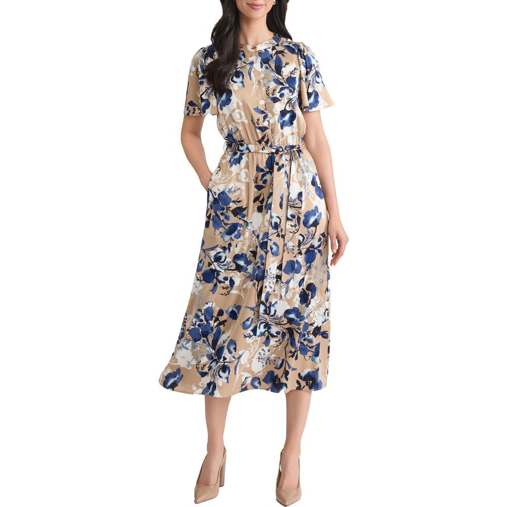 Kasper Print Flutter Sleeve Tie Waist Midi Dress In Multi