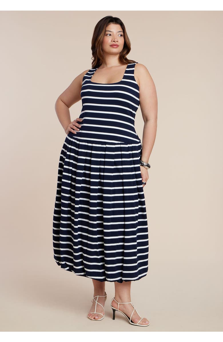 ELOQUII Striped Drop-Waist Bubble Maxi Dress, Main, color, Navy Stripe
