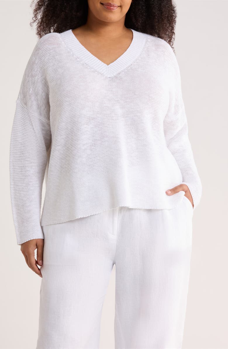 Eileen Fisher Organic Linen & Organic Cotton V-Neck Sweater, Main, color, White
