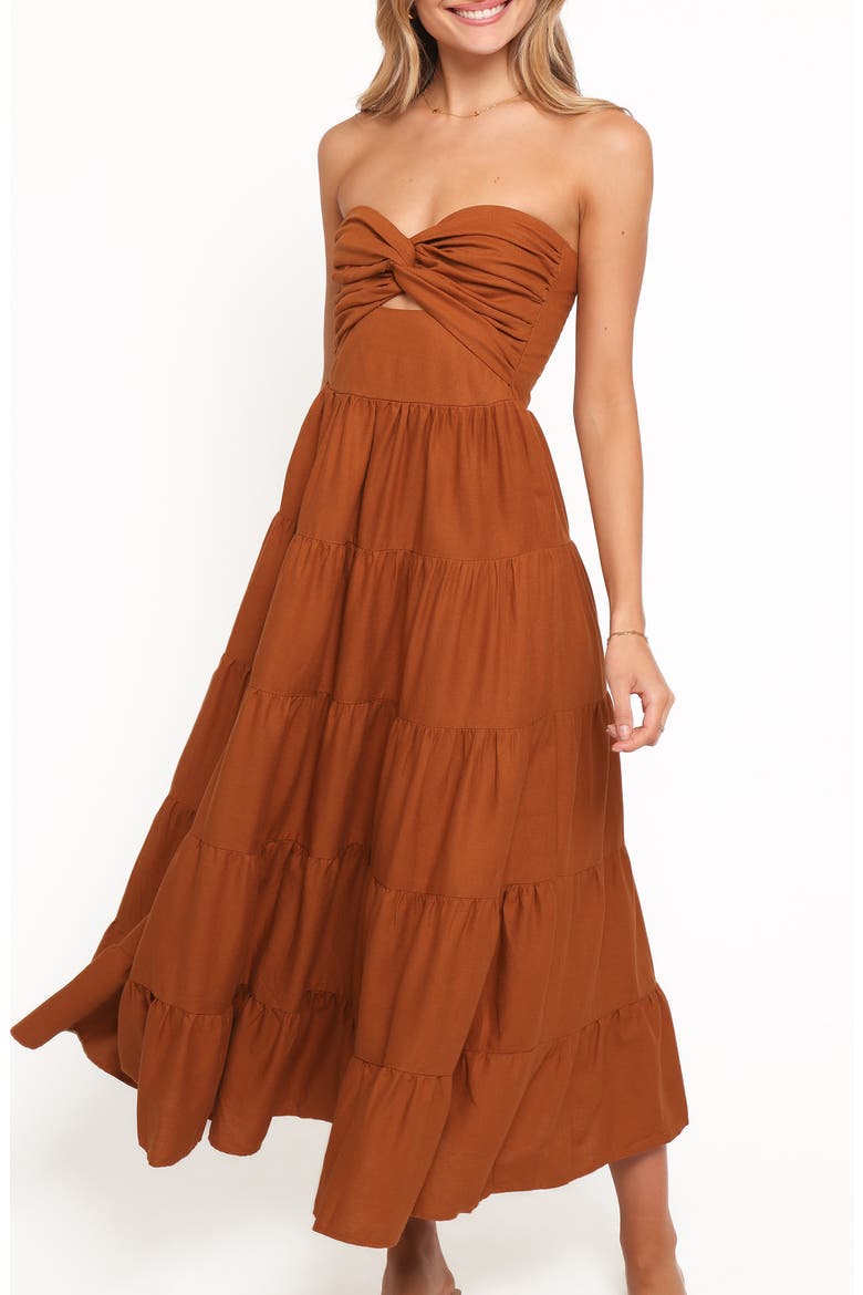 Sitara Tiered Strapless Maxi Dress, Alternate, color, BROWN