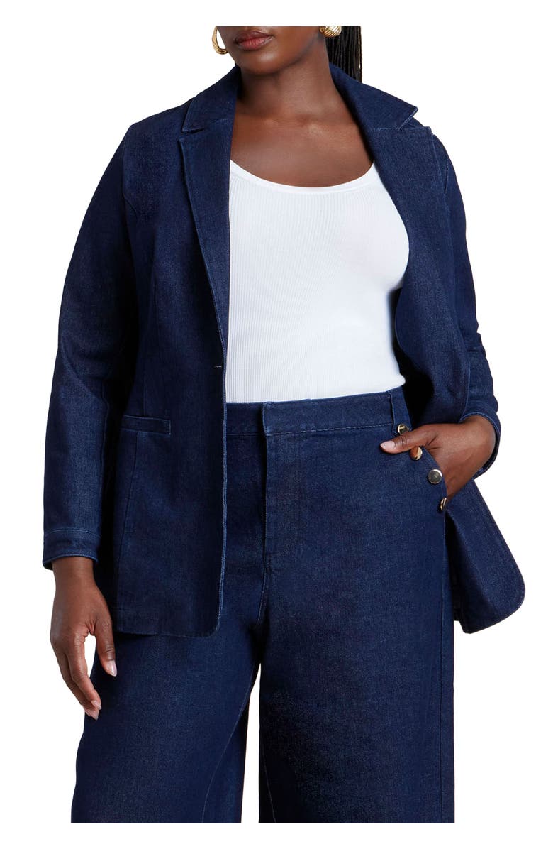 ELOQUII Denim Blazer, Main, color, Dark Rinse Denim