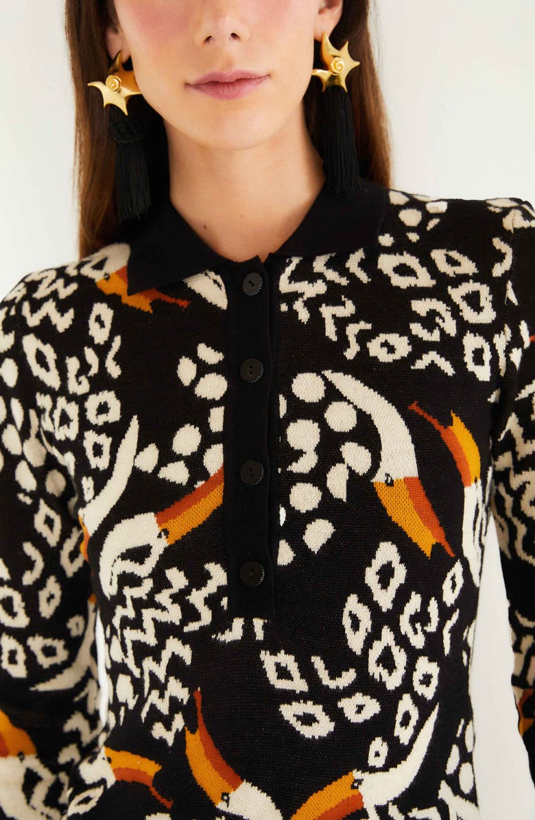 FARM Rio Tucanissimo Jacquard Polo Sweater, Alternate, color, Tucanissimo Black