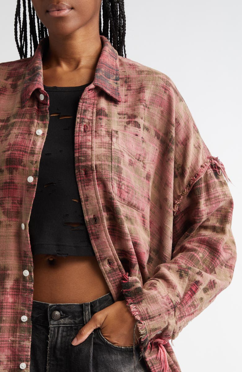R13 Shredded Seam Drop Neck Plaid Flannel Button-Up Shirt, Alternate, color, 