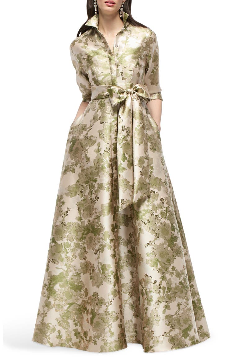 Sabine Metallic Floral Shirtdress Gown, Main, color, PERIDOT BLUSH