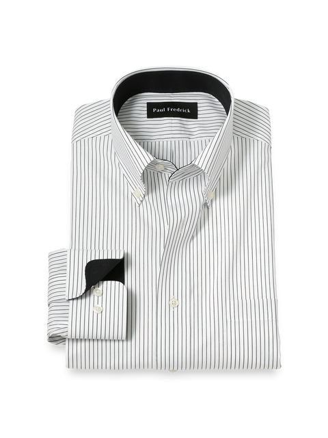 Cotton Buttondown Collar Poplin Tailored Contrast Trim Button Cuff Long Sleeve