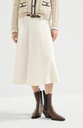 Brunello Cucinelli Dyed cotton and wool wrinkled denim full skirt with monili