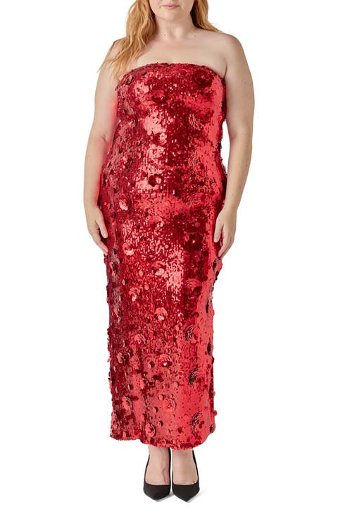 Sequin Appliqué Strapless Midi Dress