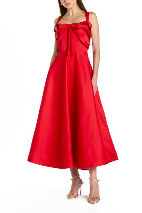 Satin Sleeveless A Line Ankle Dress With Bow