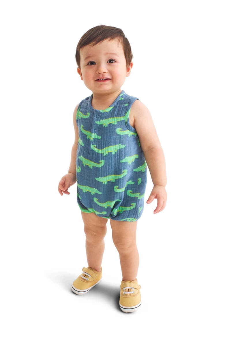 Baby Cotton Gauze Bubble Shortie In Seasonal Prints, Alternate, color, Moonlight Alligators
