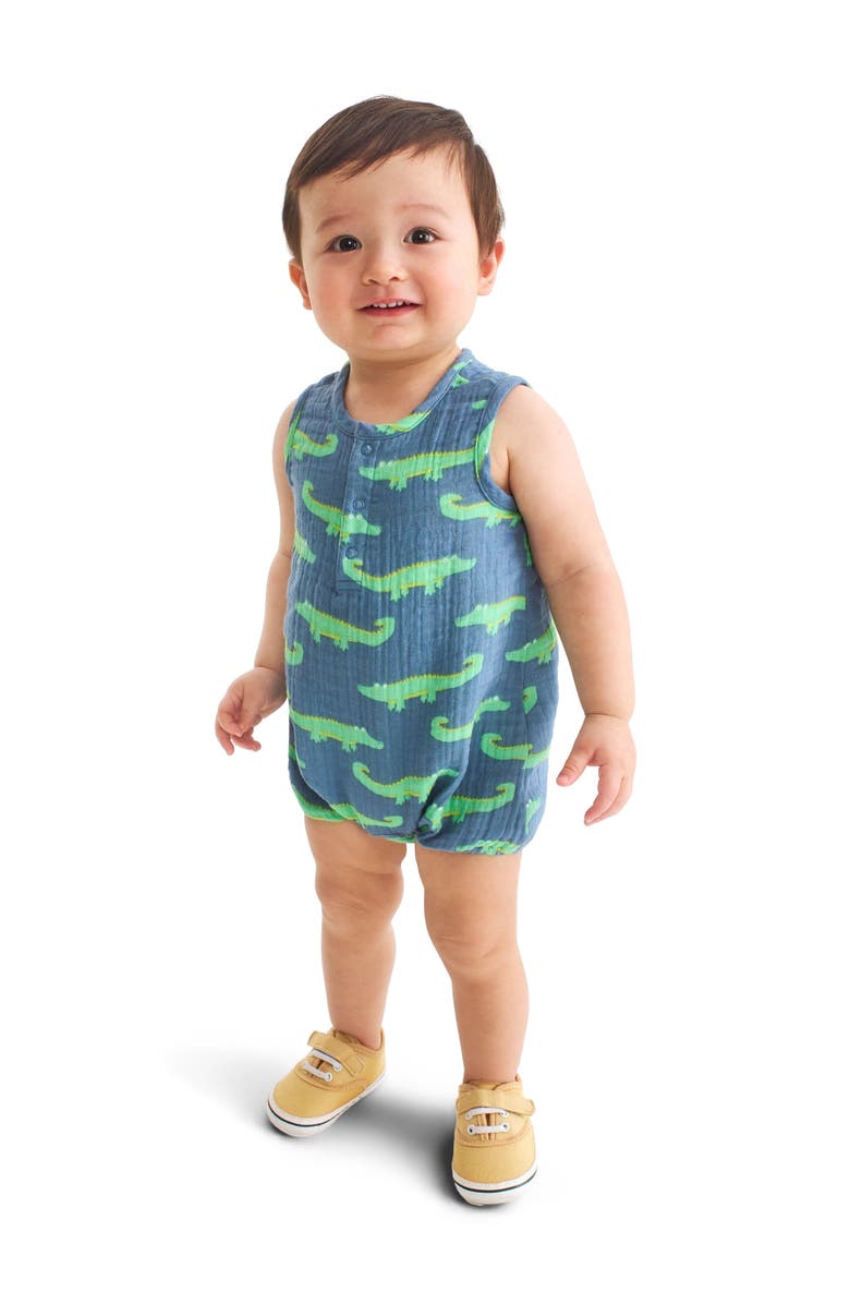 Primary Baby Cotton Gauze Bubble Shortie In Seasonal Prints, Alternate, color, Moonlight Alligators