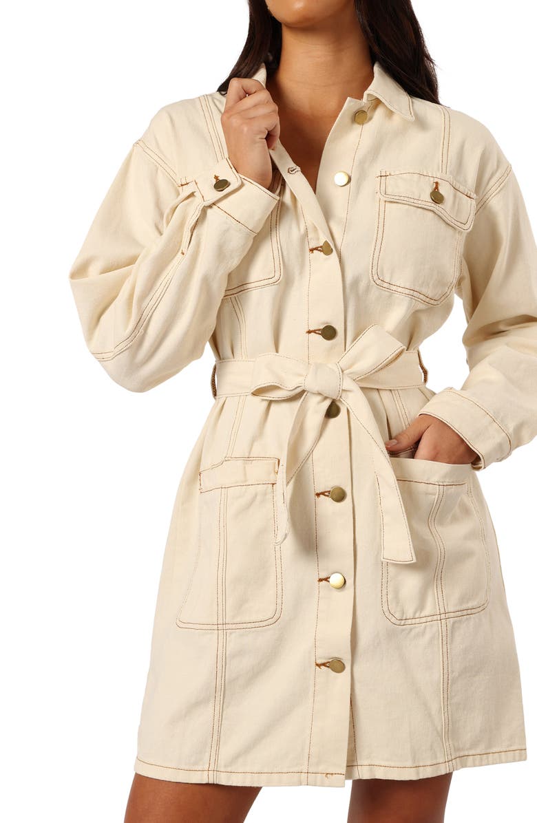 Petal & Pup Otto Long Sleeve Denim Mini Shirtdress, Alternate, color, Sand