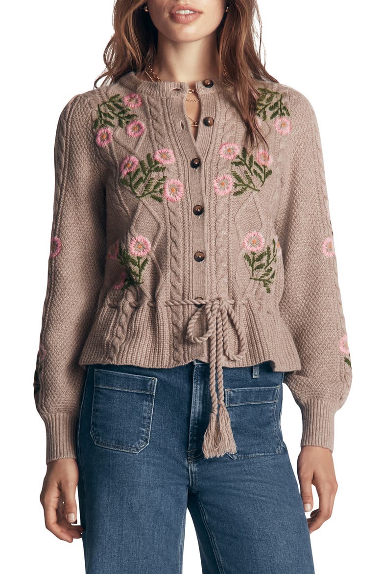 Embroidered Cable Knit Cardigan, Main, color, MINK MELANGE, EMBROIDERY