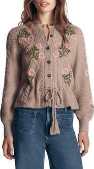Boden Embroidered Cable Knit Cardigan