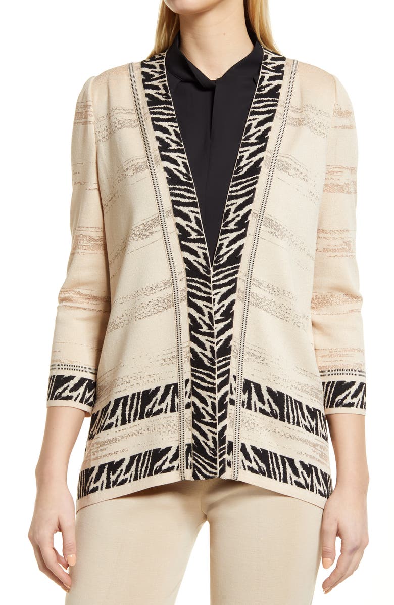 Ming Wang Zebra Trim Sheer Knit Draped Jacket, Alternate, color, 