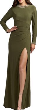Mac Duggal Embellished Long Sleeve Gown With Slit