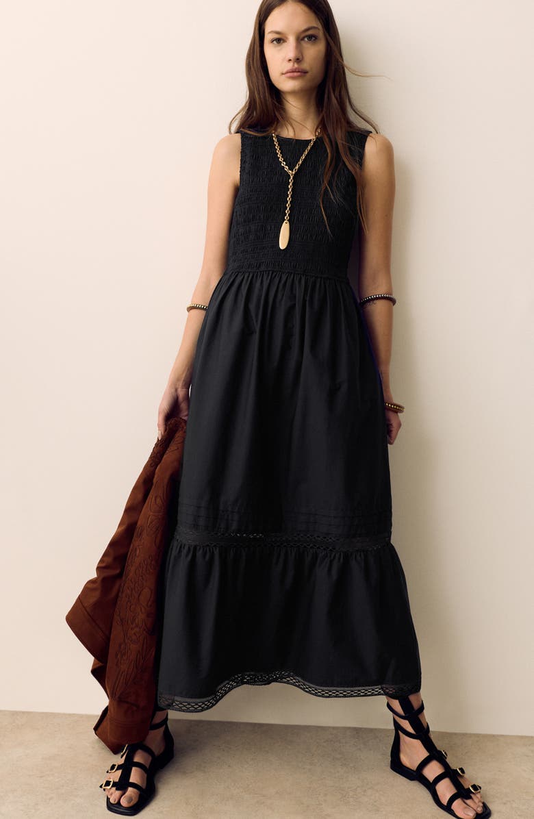 PER UNA BY M&S Smocked Lace Trim Sleeveless Cotton Maxi Dress, Alternate, color, Black