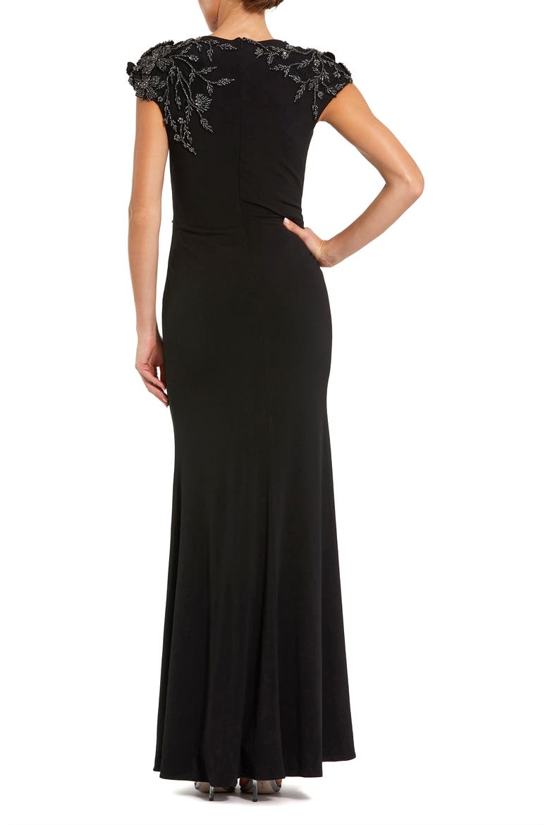 Jersey Cap Sleeve Fitted Gown With Beaded Flowers, Alternate, color, Black Multi