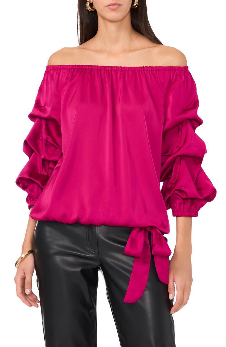 Vince Camuto Off the Shoulder Bubble Sleeve Satin Top, Main, color,