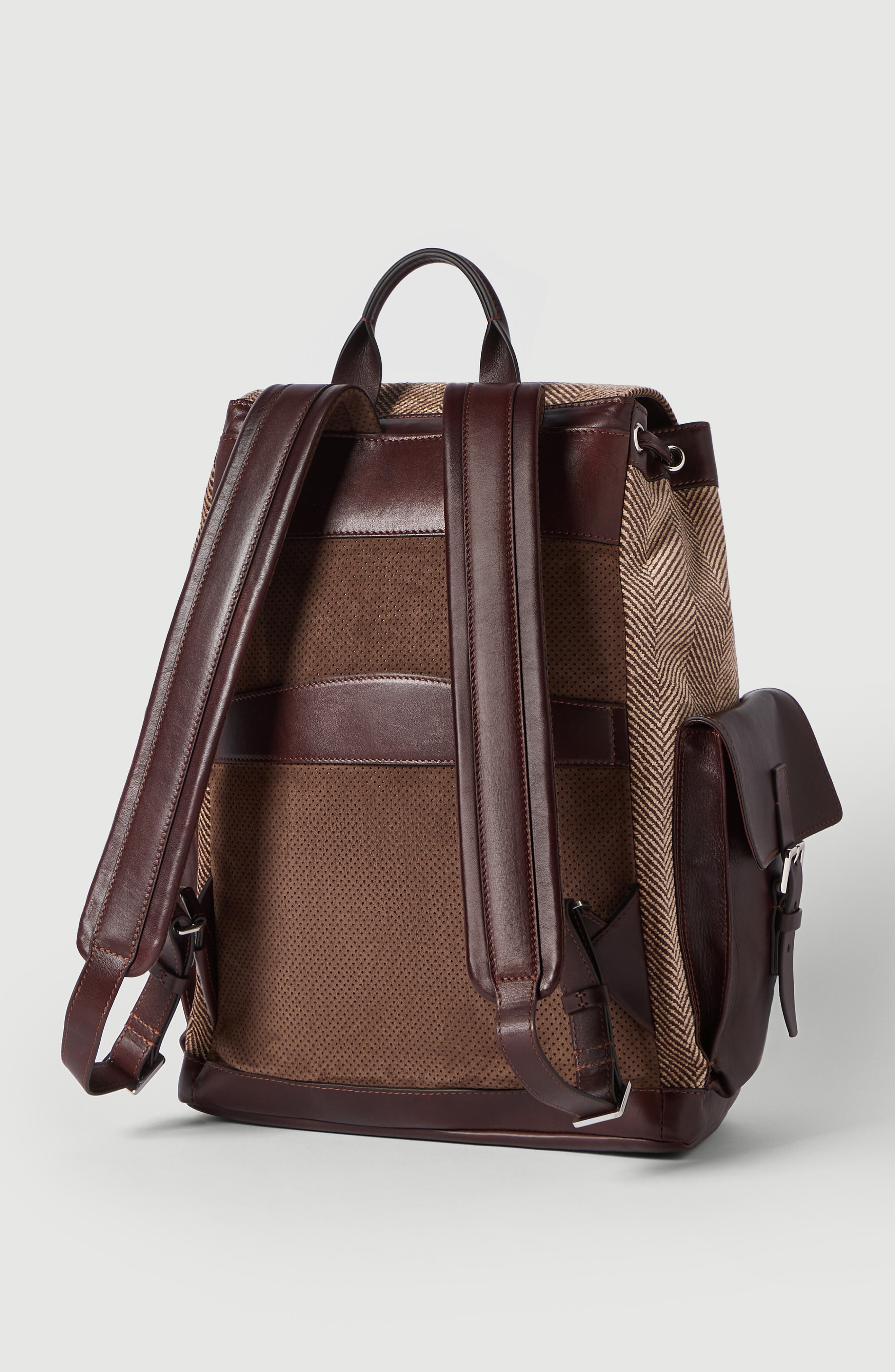 Burnished calfskin and chevron-effect techno fabric city backpack, Alternate, color, Brown