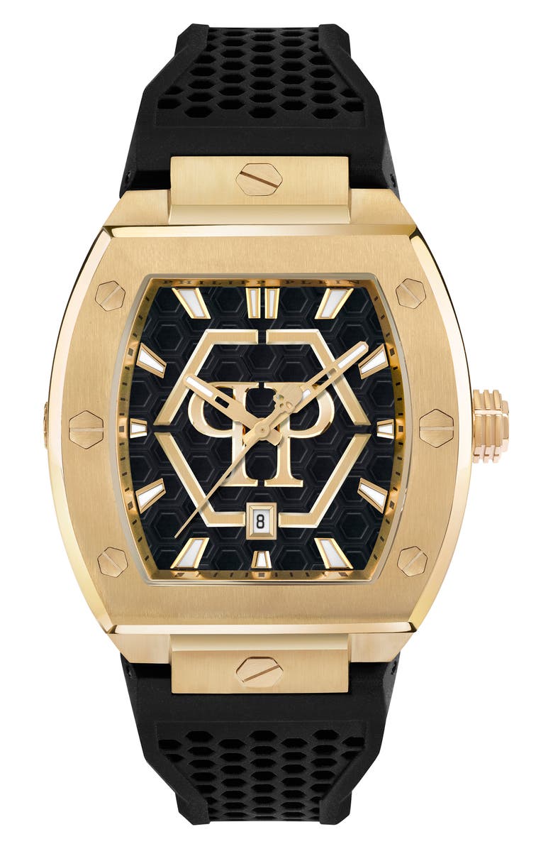 PHILIPP PLEIN The Hexagon Phantom Silicone Strap Watch, 44mm x 56.2mm, Main, color, Ip Yellow Gold
