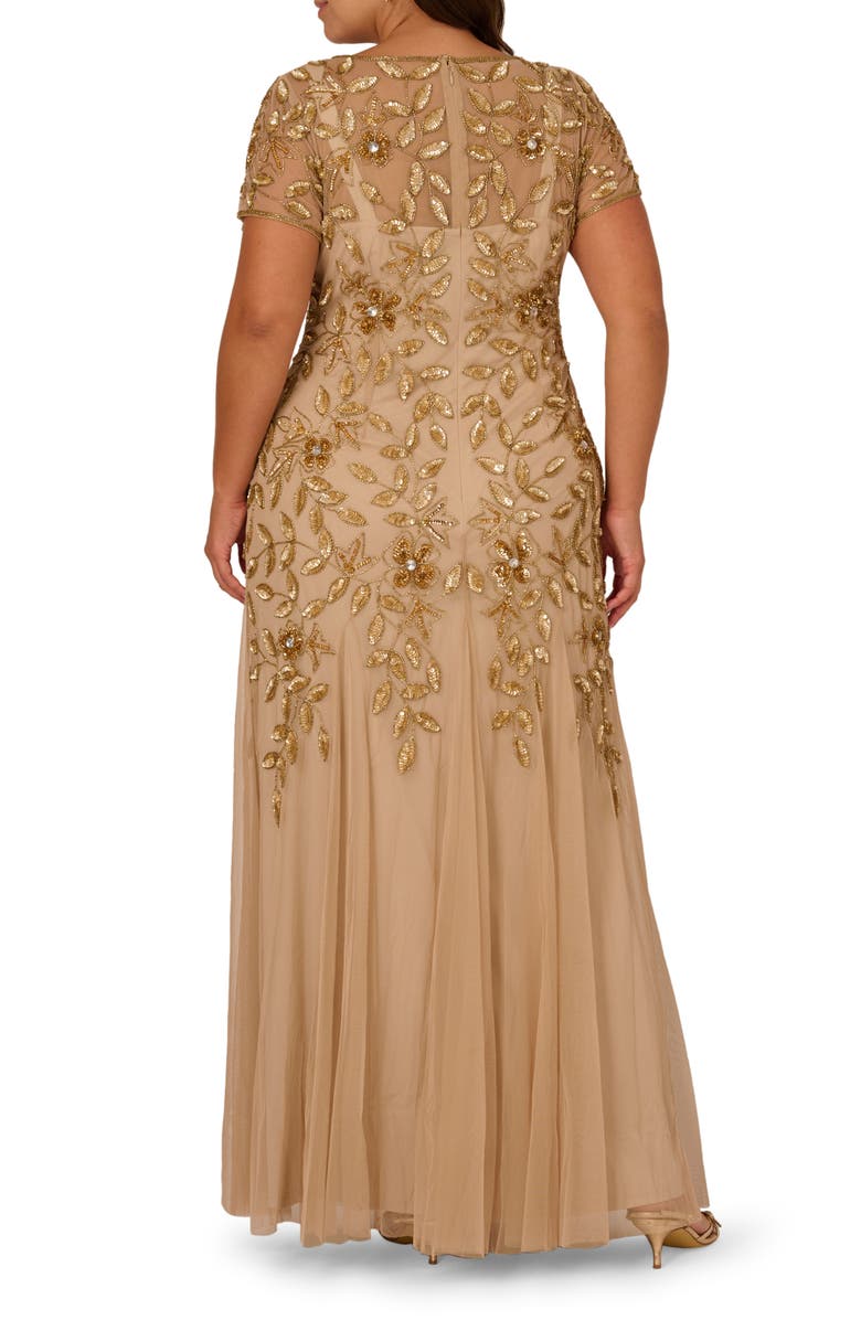 Adrianna Papell Beaded Floral Godet Gown, Alternate, color, Champagne Gold