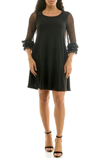Nina Leonard Mesh Sleeve Trapeze Dress In Black
