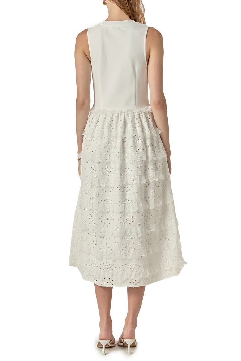 Ruffle & Eyelet Mixed Media Sleeveless Midi Dress, Alternate, color, WHITE
