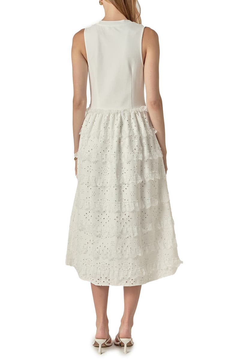 English Factory Ruffle & Eyelet Mixed Media Sleeveless Midi Dress, Alternate, color, 
