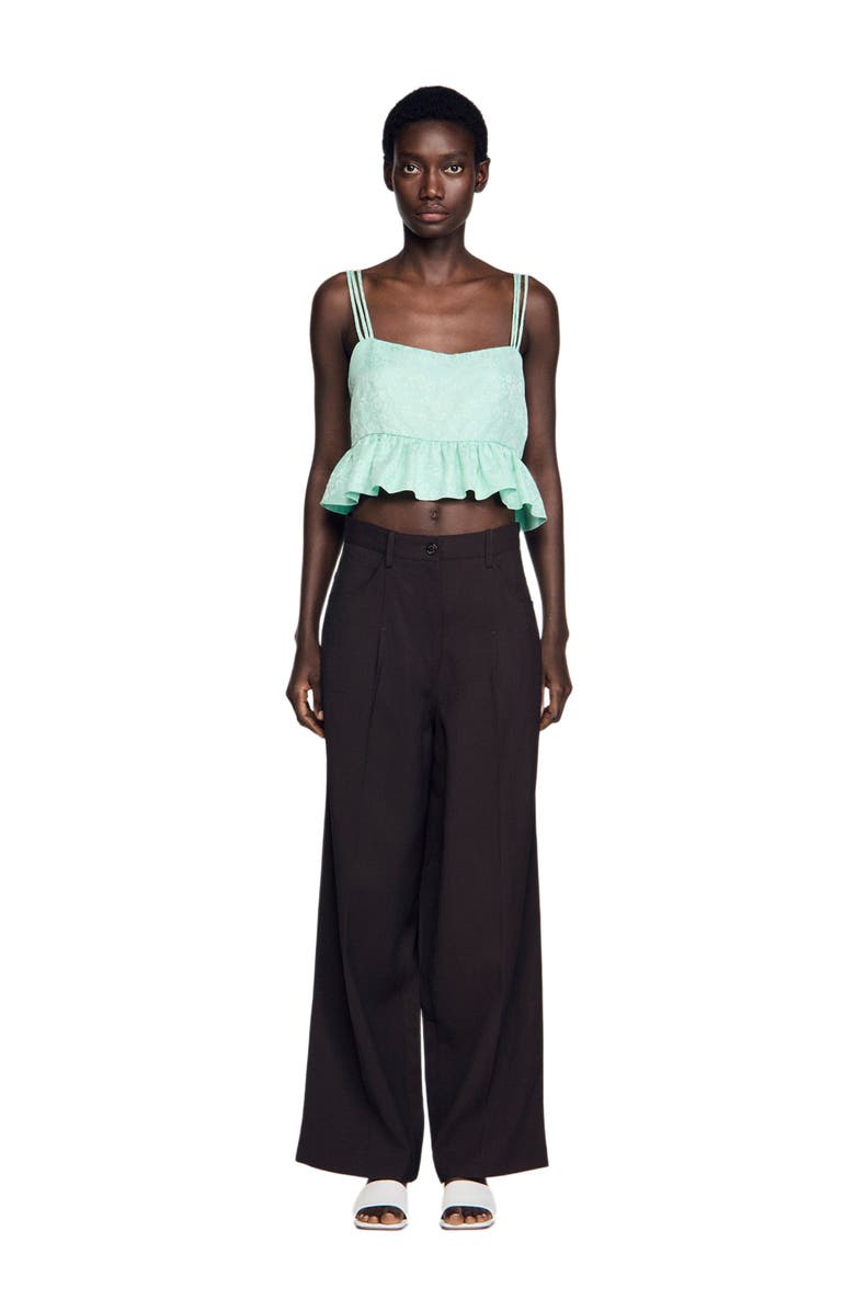 SANDRO Floral jacquard ruffle crop top, Alternate, color, Light Green