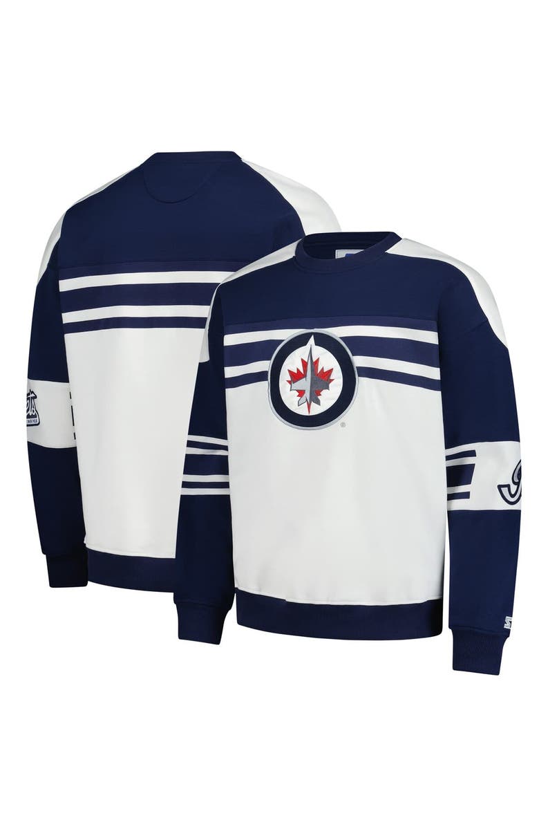 STARTER Men's Starter White Winnipeg Jets Defense Fleece Crewneck Pullover Sweatshirt, Alternate, color, White