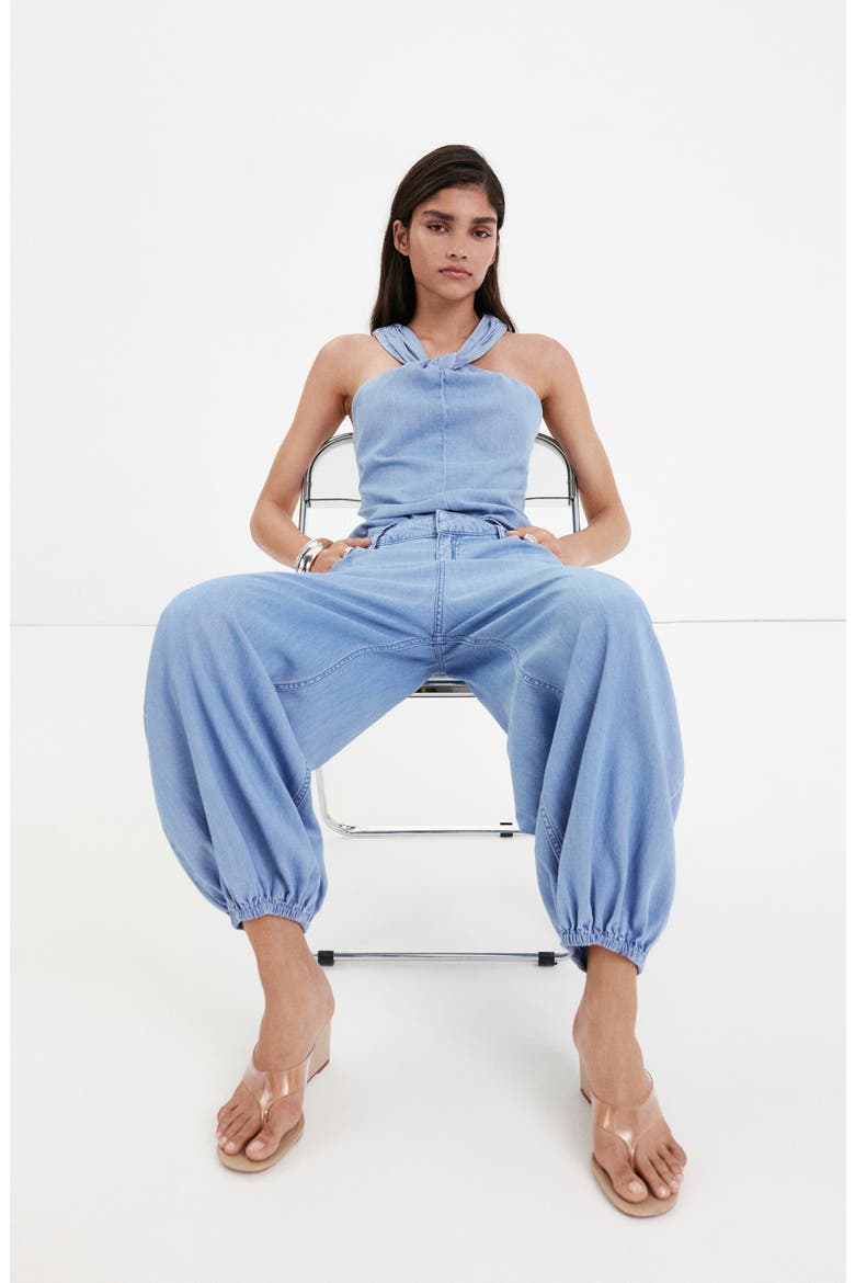 Crossed Strap Denim Top, Alternate, color, LIGHT BLUE