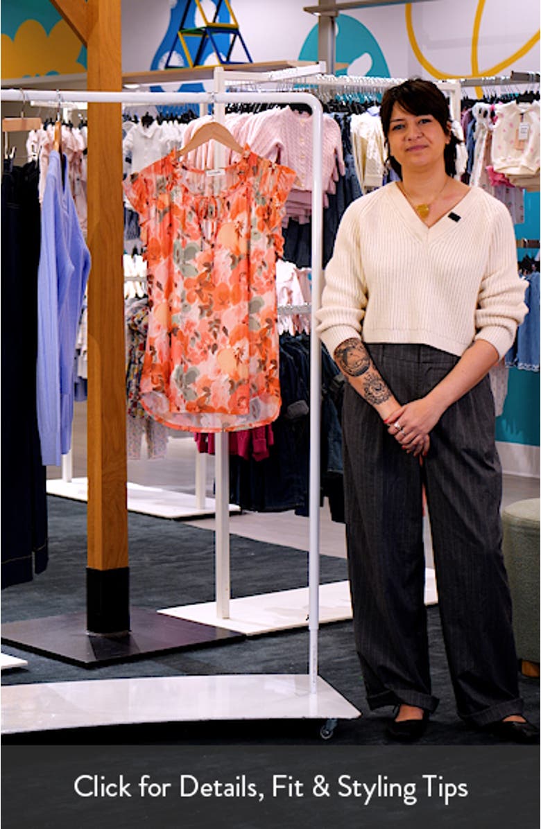 Floral Ruffle Trim Split Neck Top, sales video thumbnail