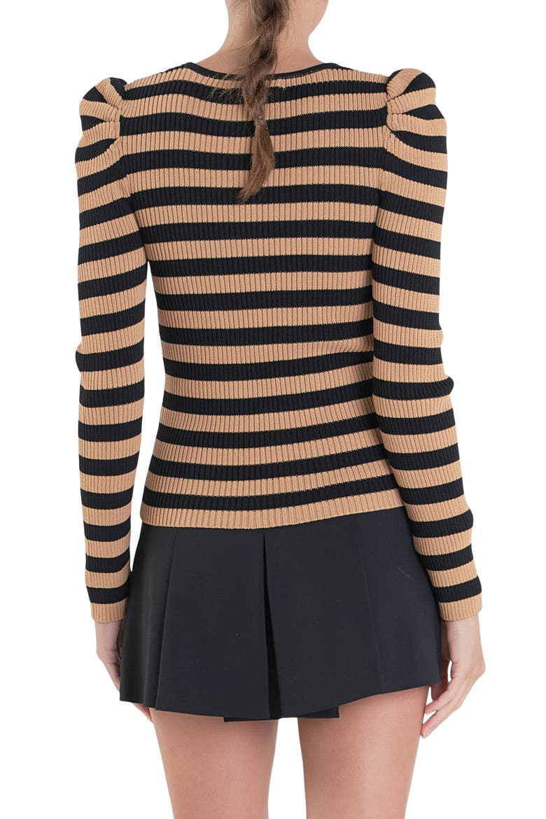 Puff Shoulder Stripe Rib Knit Top, Alternate, color, TANBLACK