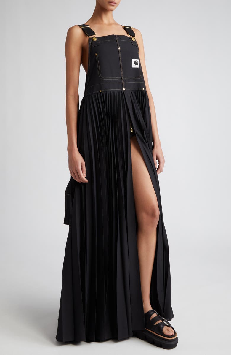 Sacai Carhartt WIP Mixed Media Pleated Skirt Overall Maxi Dress, Alternate, color, 