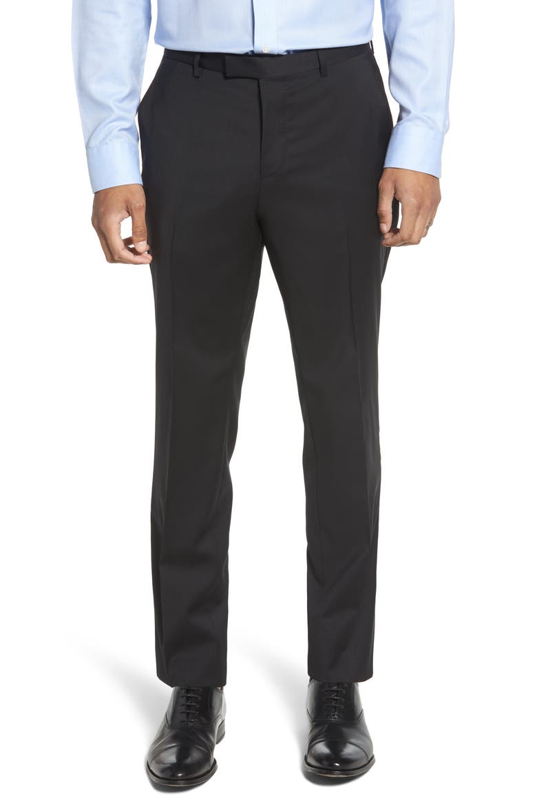 Leenon Flat Front Straight Leg Solid Wool Dress Pants, Main, color, BLACK