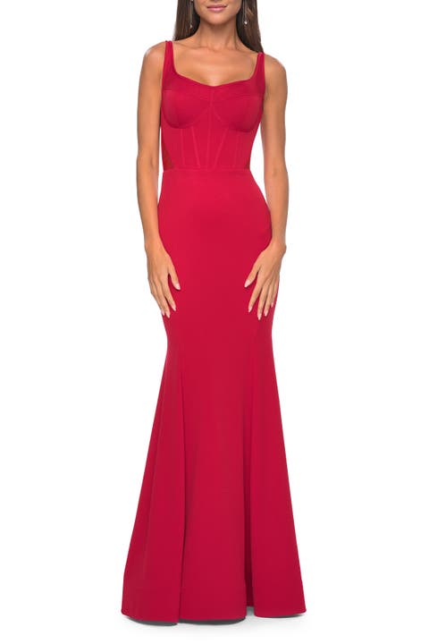 Mermaid Jersey Gown with Bustier Top and Lace Up Back