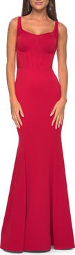 La Femme Mermaid Jersey Gown with Bustier Top and Lace Up Back