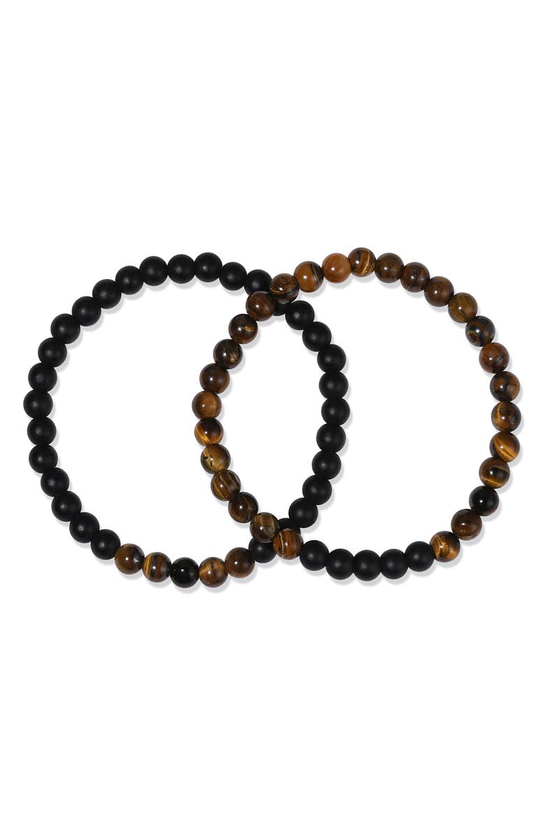 Brook and York Men's Set of Two Tiger's Eye & Black Onyx Beaded Stretch Bracelets, Alternate, color, Brown/ Black
