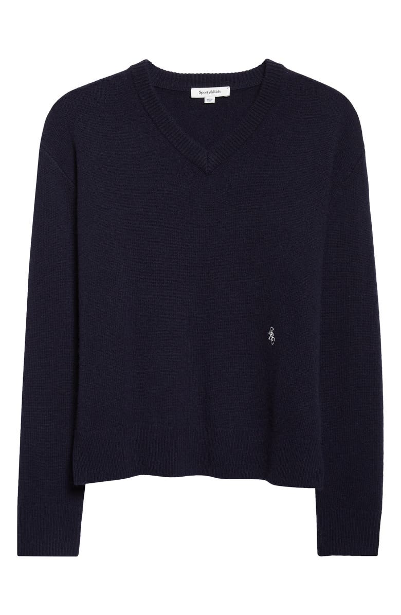 Sporty & Rich SRC Monogram Cashmere & Wool V-Neck Sweater, Main, color, Dark Navy