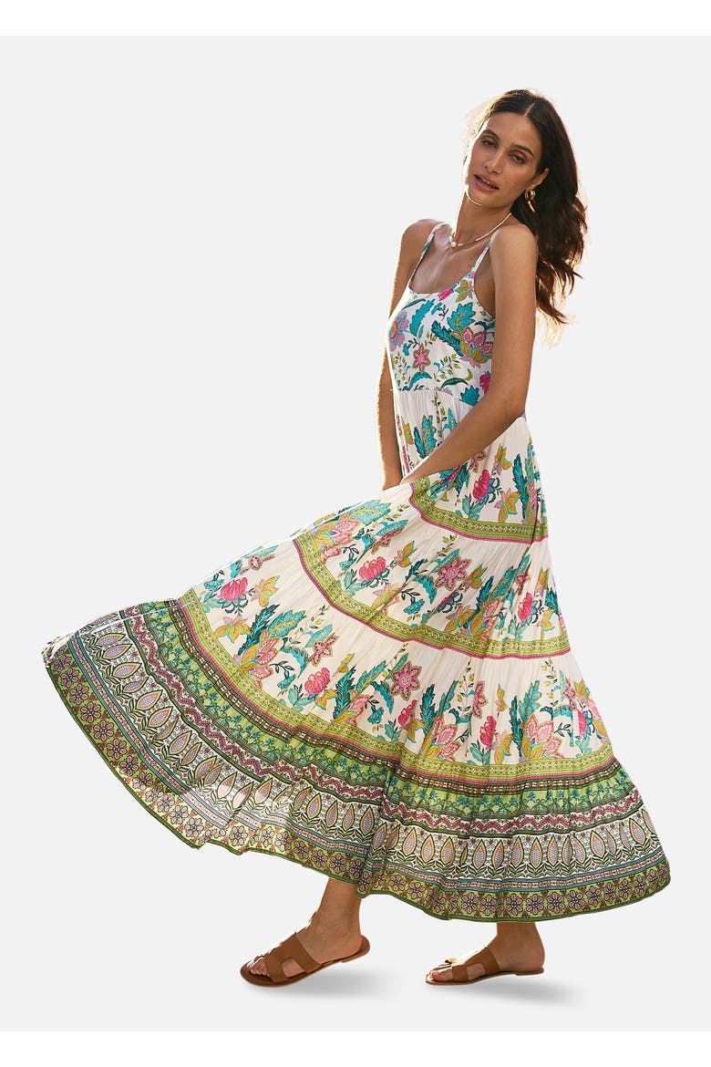 Floral Block Print Tiered Maxi Sun Dress, Alternate, color, Ivory