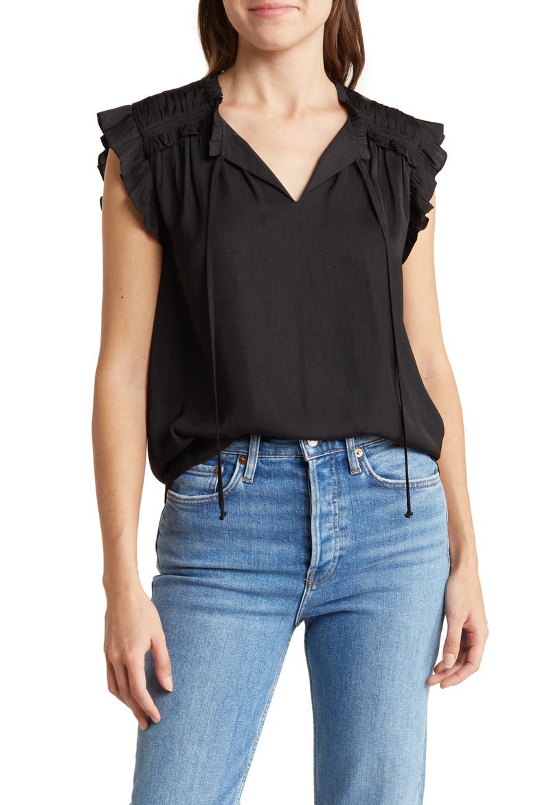 Ruffle Tie Neck Top, Main, color, BLACK