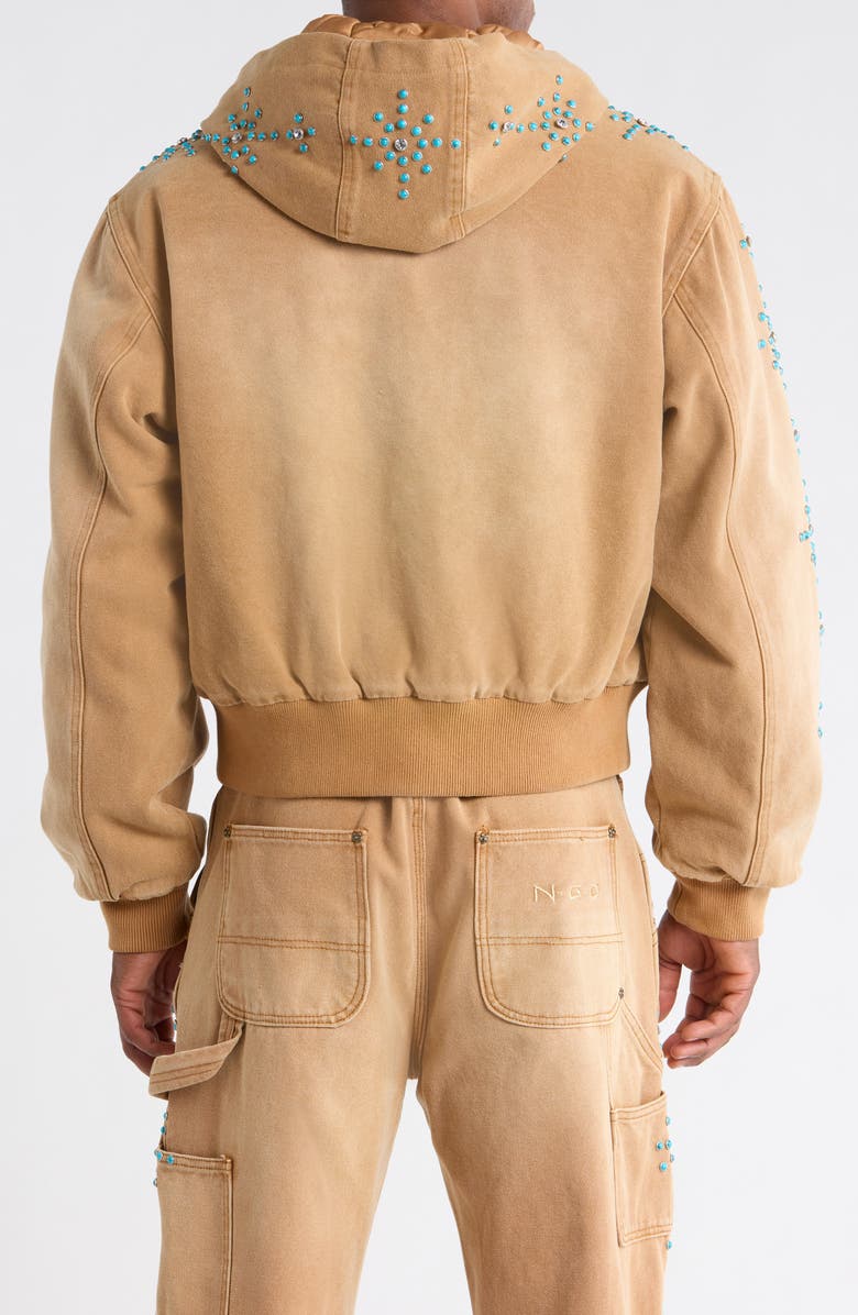 Nothing Grows Overnight Turquoise Studded Cotton Canvas Hooded Jacket, Alternate, color, Light Brown